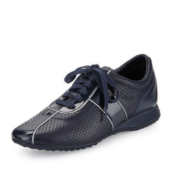 Navy blue Leather Sneakers with Silver Trim. Blue Leather Perforated Lace Up - Picture 1 of 10